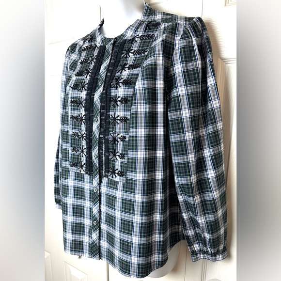 New J.CREW Embellished Tartan Plaid Shirt Blouse Green Sequin Beaded Snowflake - Picture 4 of 16